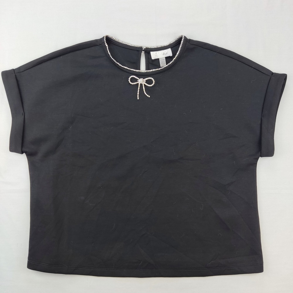 Cupio‎ Blush Top Women XL Black Rhinestone Bow Neckline Short Slv Blouse Keyhole